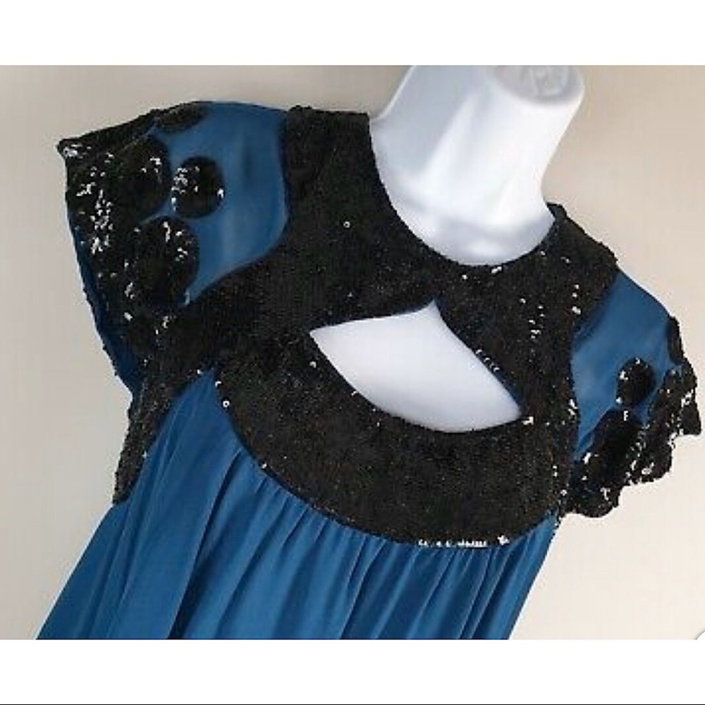 French Connection Teal Dress w/ Black sequin trim